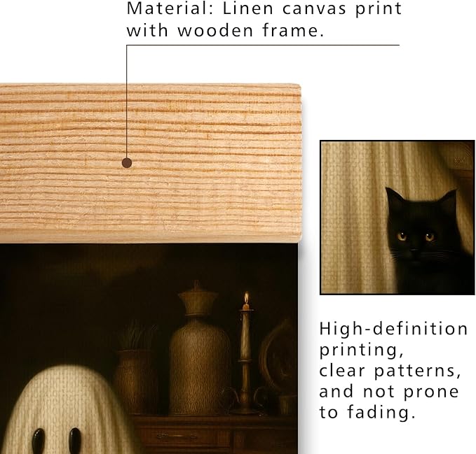 Rustic Ghost and Black Cat Wall Art 18.5x14 Inch,Fun Ghost Linen Canvas Wall Hanging Poster Decor, Retro Gothic Haunted House Theme Wall Poster for Library Reading Corner,Halloween Decorations (BLK04)