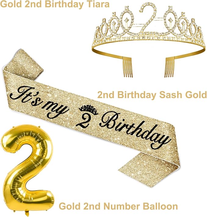 2nd Birthday Decorations for Baby Girls, Including Sash and Crown, Cake Topper and Candle 2, Number Balloon, 2nd Birthday Gifts for Girls