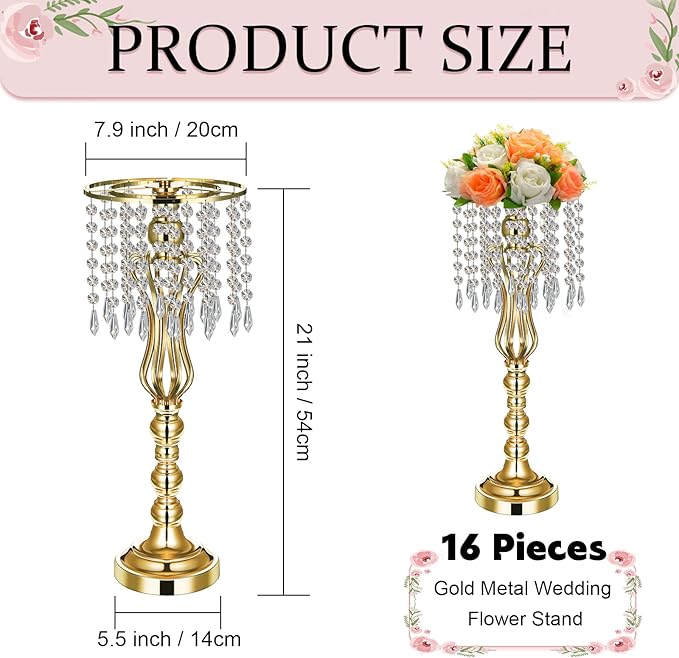 16 Pcs Wedding Centerpieces for Tables, Gold Silver Vase Centerpiece with Chandelier Crystal Metal Flower Stand, Tall Flower Vases for Wedding Party Home Decoration(Gold,21.3)
