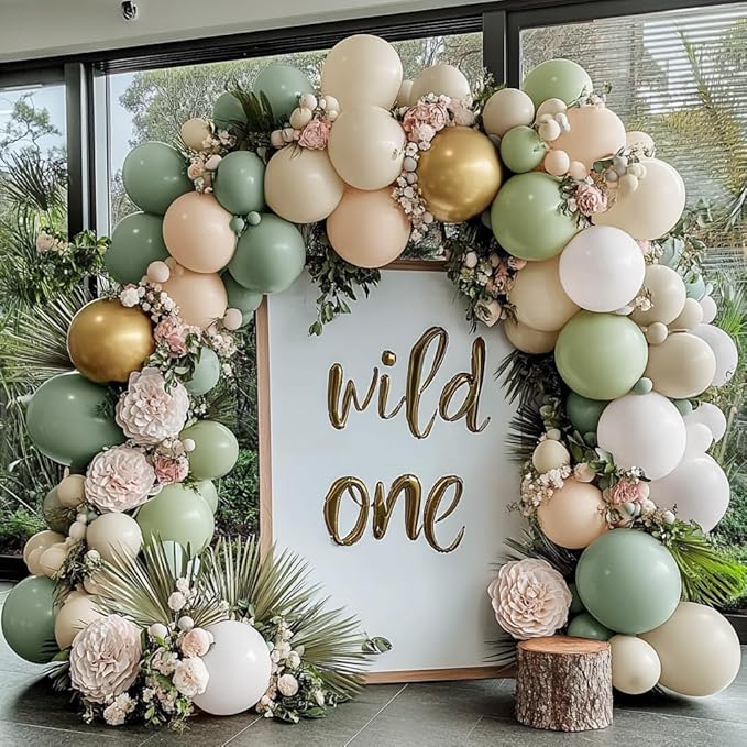 Dusty Green White Gold Balloon Garland Double Stuffed Light Sage Green White Sand Beige Balloon Arch Kit Olive Cream Metallic Balloons for Baby Bridal Shower Birthday Wedding Wild One Party Decor