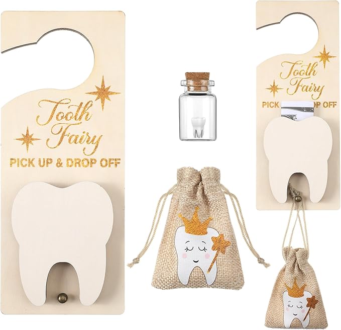 Tooth Fairy Holder Bag Hanger with Money Slot Keepsake Bottle Velvet Pouch Tooth Fairy Box Encourage Gift for Lost Teeth Boy Girl Milk(Classic,Light Brown)