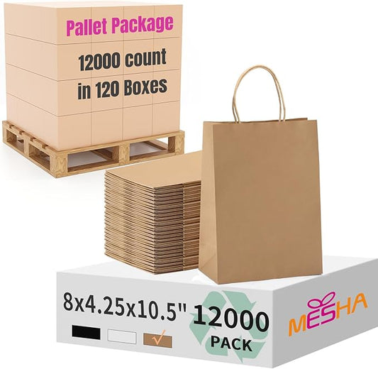 MESHA Gift Paper Bags 12000 PACK 8x4.25x10.5'' Brown Medium Shopping Kraft Bags Bulk with Handles Reusable for Business,Grocery,Birthday,Wedding,Kids Party,Favors