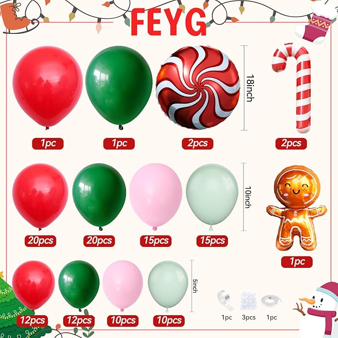 Christmas Balloon Arch Kit, Gingerbread Man Balloon Garland with Green Pink Latex Balloons Candy Cane Foil balloons for Christmas Party Decorations New Year Xmas Party Supplies