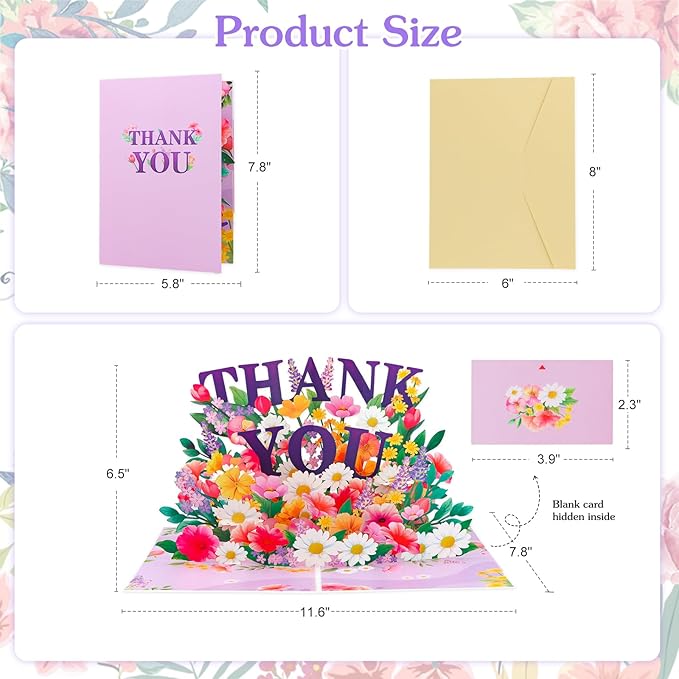 Pop Up Thank You Cards - 3D Paper Flowers Thank You Pop Up Cards with Envelope for Mom Dad Women Men Nurses Teachers Day Appreciation Gift