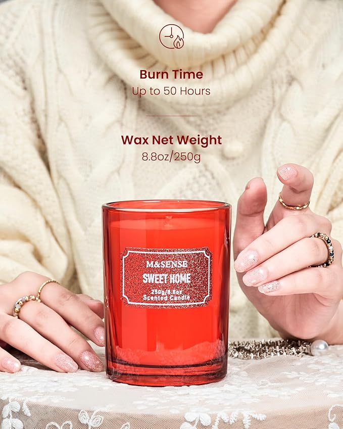 M&SENSE Cinnamon Apple Scented Candles, Christmas Candle 8.8 oz Glitter Jar Candles, Holiday Candles Gifts for Women, Strong Scented Natural Soy Candle for Winter Home Decor, 50 Hours Long Burning