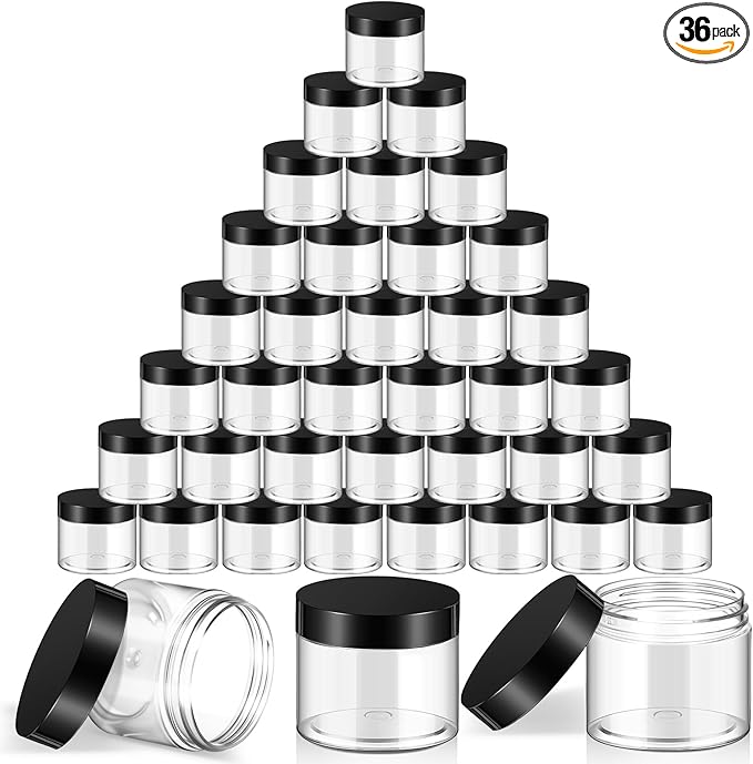 SATINIOR 36 Pieces 2 oz Plastic Jars with Lids Wide Mouth Airtight Reusable Container Acrylic Cosmetic Small Jars for Lotions Ointments Travel Toiletries Creams Make up Storage(Black)
