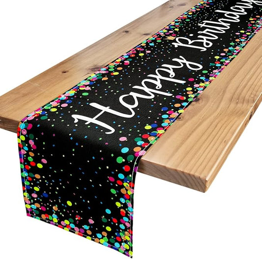 Letjolt Happy Birthday Table Runner 72 Inches Birthday Centerpieces for Tables Birth Day Party Sign Polka Dots Table Decoration, Black