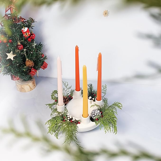 Ceramic Advent Wreath Candle Holder - 4 Taper Candlestick Seats, Ivory Modern Candle Stand for Christmas Holiday Home Party Kitchen Table Decor (Without Candles)