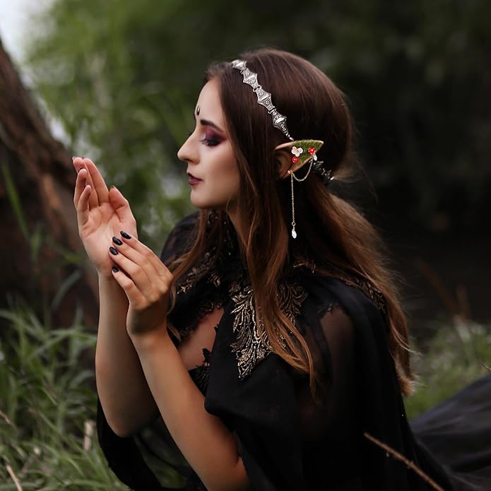 FRESHME Forest Mushroom Elf Ears, Soft Fairy Ears with Mushroom Moss and Flower Elven Ear Cuffs Halloween Renaissance Cosplay