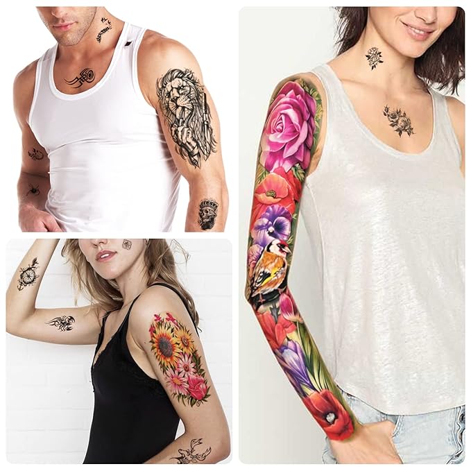 55 Sheets Temporary Tattoo for Men and Women, 8 Full Arm Fake Tattoos, 17 Half Arm Fake Skull Flower Tattoos, 30 Tiny for Adults Kids Body Shoulder Tattoos Stickers Waterproof Realistic Long-Lasting