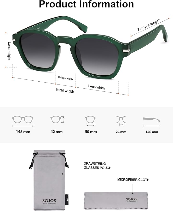 SOJOS Vintage Retro Square Polarized Sunglasses Men Standard Fit Trendy Womens Sun Glasses SJ2382