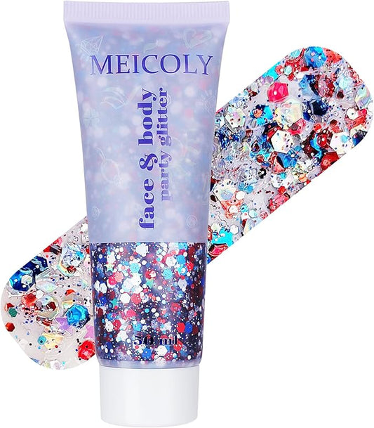 MEICOLY Red White and Blue Body Glitter,4th of July Accessories Hair Glitter for Kids,4th of July Outfits for Women,Fourth of July Patriotic Face Glitter for President's Day Veterans Day