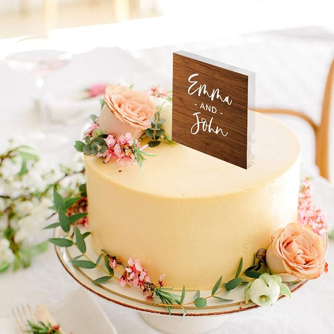 Andaz Press Rustic Wood First Names Custom Wedding Cake Topper, Acrylic Square Personalized Couple Cake Topper