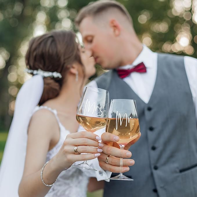 AW BRIDAL Mr and Mrs Wine Glasses Wedding Gifts for Couples 2025, Engagement Gift for Newlyweds, Bridal Shower and Bachelorette Gifts for Bride, Wine Opener Stopper and Engraved Wooden Keepsake Box