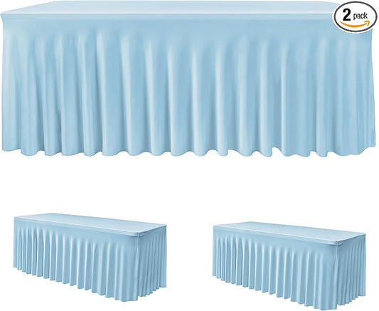 HolidayIdeas Floor Length 6ft Spandex Tablecloth 2 Pack Fitted Stretch Table Skirts 30x72 Inch, Ruffle Design Wrinkle-Free Polyester Table Cover for Weddings Parties Banquets Events,Baby Blue, 2 Pcs