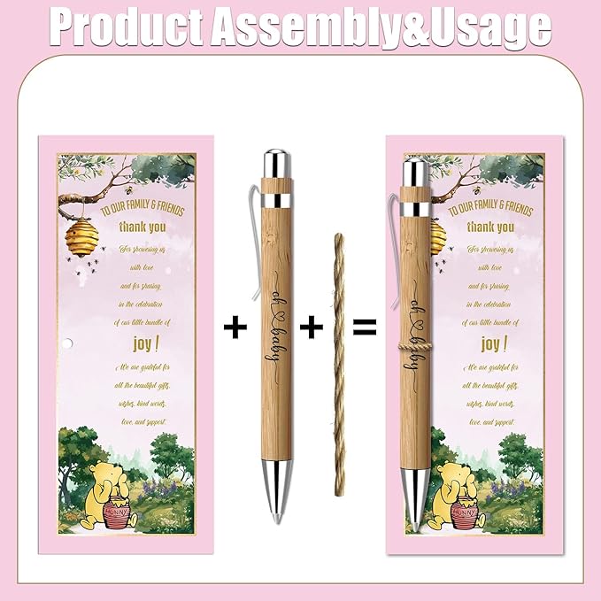 Toerifer Winnie Baby Shower Set: 30 Pcs, Bamboo Pens, Greeting Cards, Gender Reveal Souvenirs, Decor