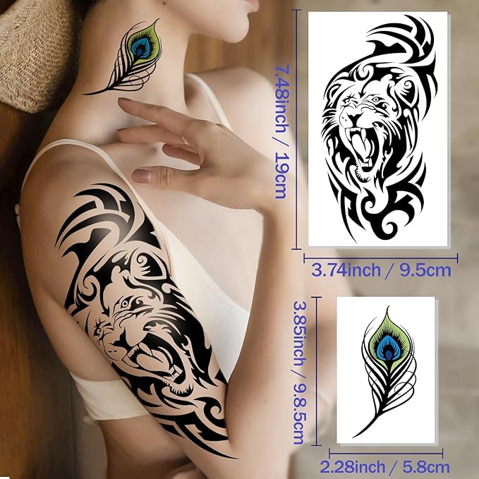 77 Sheets Tribal Temporary Tattoos for Men, 17 Sheets Half Arm Western Tribal Wolf Lion Owl Skull Fake Tattoos for Adults Women, 60 Black Tiny Tattoos Sticker for Halloween Party Supplies