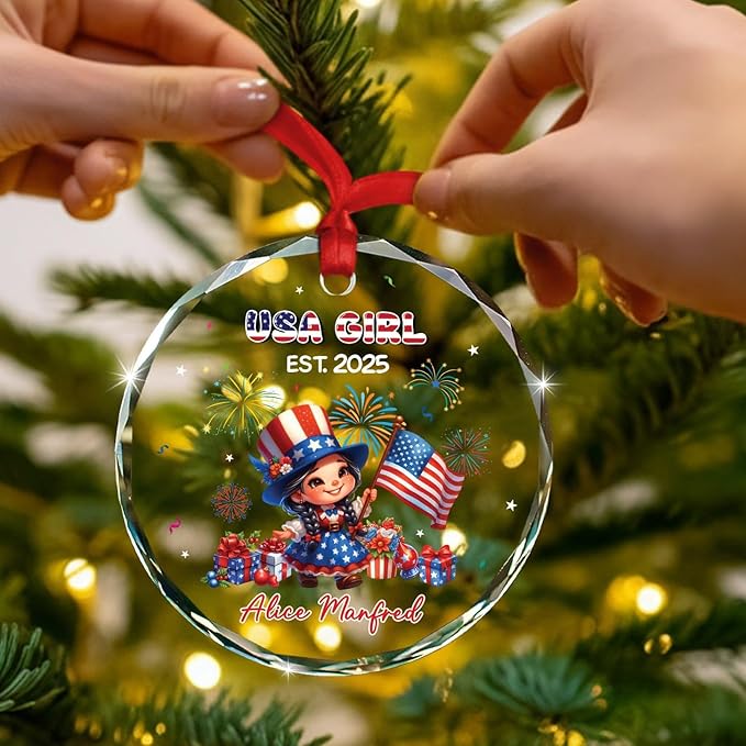 USA Girl Christmas Ornament Gift for Baby Girl Daughter Sister, Personalized Year & Name Keepsake Xmas Ornament Gift for New US Citizen, Customized American Celebrations Glass Decor Xmas Ornaments