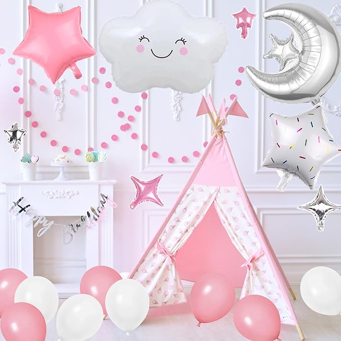47 Pieces Sleepover Party Decoration Pink Sleepover Birthday Party Balloons Banner Cute Moon Star for Girls Pajamas Slumber Night Out Party Decoration (Pink)