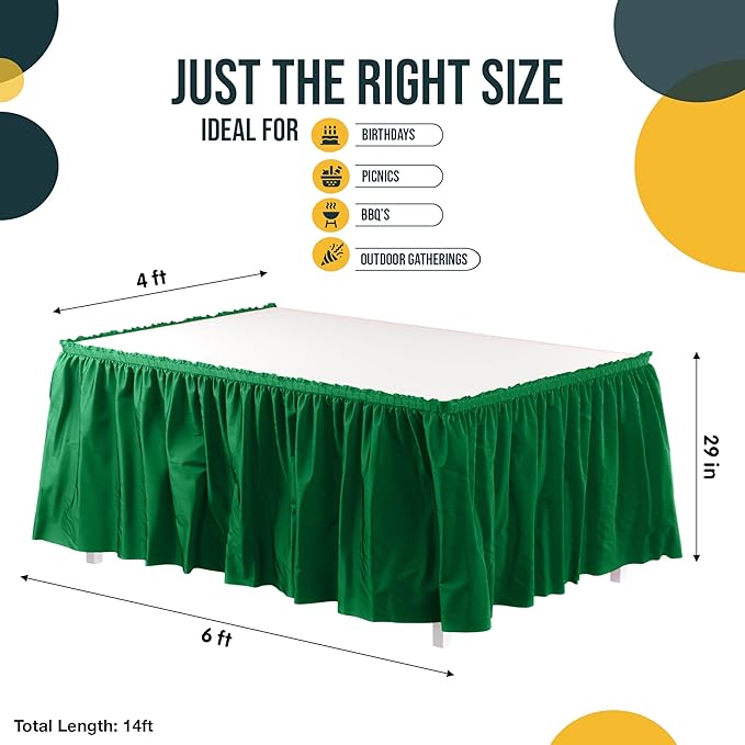 Exquisite Ruffle Table Skirt Emerald Green 12 Pack 14 Ft Long Table Skirts for Rectangle Tables 6ft Plus or Round Tables Skirts with Adhesive Strip for Gender Reveal Decor & Happy Birthday Parties
