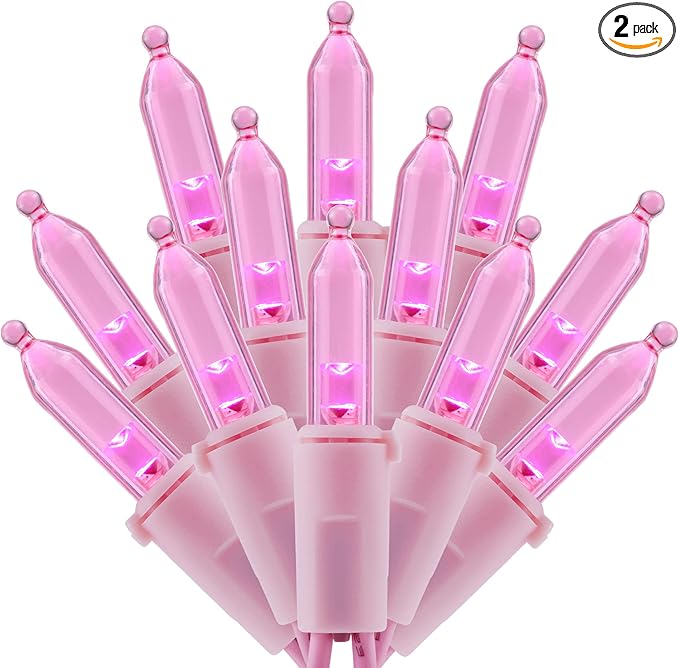 200 Pink LED Christmas Lights with Pink Wire, Pack of 2 Sets 33 ft 100 Count UL Certified Commercial Grade String Light
