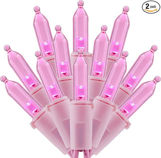200 Pink LED Christmas Lights with Pink Wire, Pack of 2 Sets 33 ft 100 Count UL Certified Commercial Grade String Light