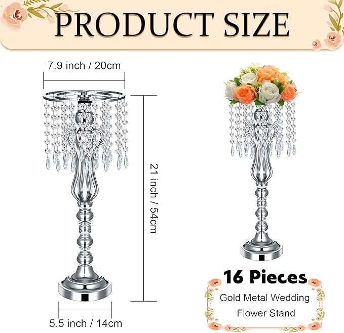 16 Pcs Wedding Centerpieces for Tables, Gold Silver Vase Centerpiece with Chandelier Crystal Metal Flower Stand, Tall Flower Vases for Wedding Party Home Decoration(Silver,21.3)