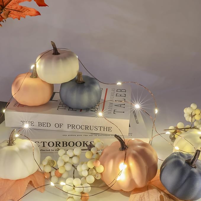 Artgar Fall Pumpkin Decor - Fake Foam Pumpkins - 11 PCS Mini Pumpkins with Maple Leaves Berries for Fall Halloween Thanksgiving Home Mantelpiece Table Tray Decoration