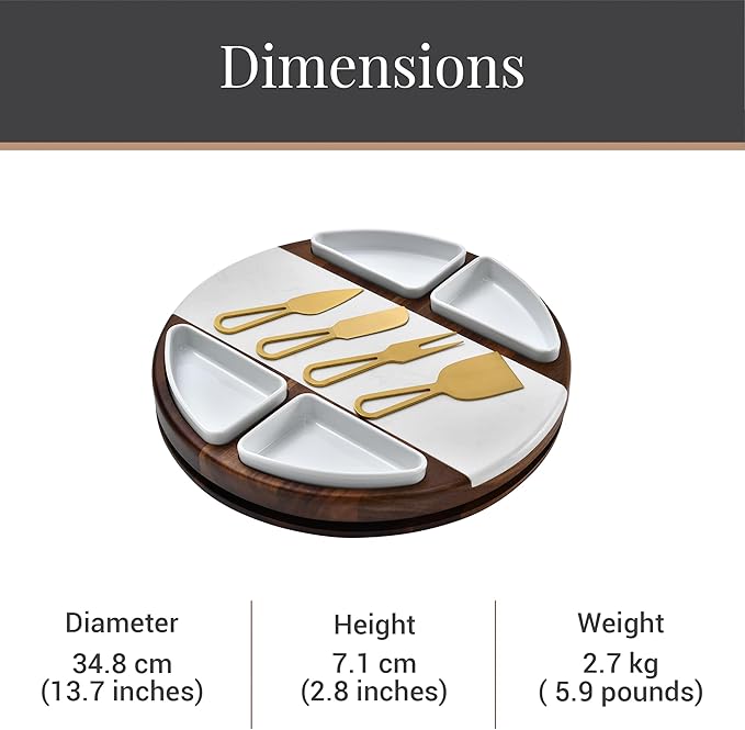 Shanik Acacia Wood Lazy Susan Cheese Board Set – Rotating Charcuterie Platter with 4 Ceramic Bowls & Knives, Round Serving Tray for Weddings & Parties