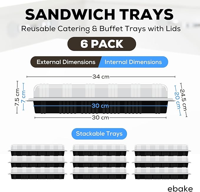 6 Pack Catering Trays with Lids – 13" Serving Tray with Lid, Heavy Duty Recyclable Plastic Party Platters for Catering, Buffet, Picnics & Events – Food Trays with Clear Lid (13.39 × 9.84 × 2.95 inch)