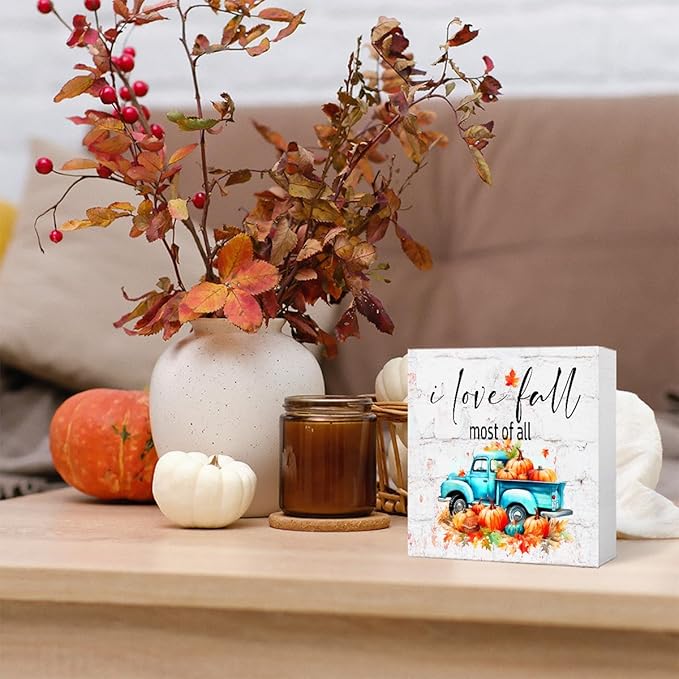 Funny Autumn Wood Box Sign I Love Fall Most Of All Wooden Block Desk Decor for Home Office Kitchen Cubicle Table Shelf Tabletop,Farmhouse Fall Sign Decor