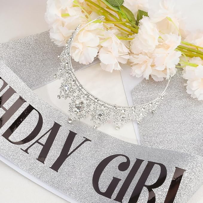 Silver Birthday Crown Headband with Sash for Women - Rhinestone Tiara for Birthday Parties