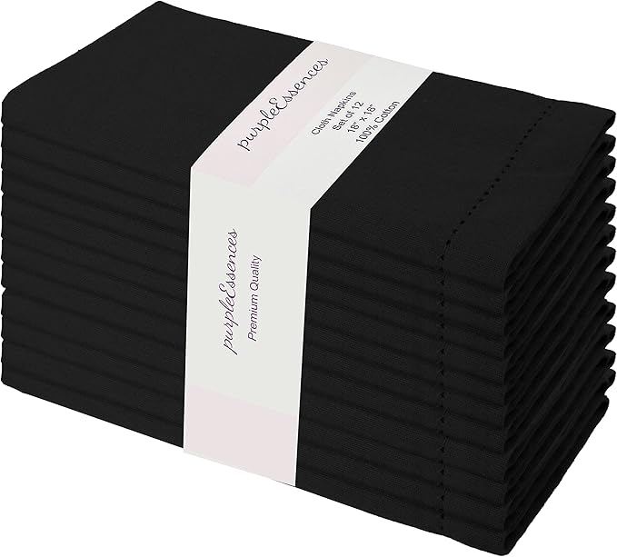 PurpleEssences Set of 12 Hemstitch Cloth Dinner Napkins 100% Cotton - Soft Durable Washable - Ideal for Wedding Christmas Holiday Winter - Perfect Everyday Use Table Linen 18x18 - Black