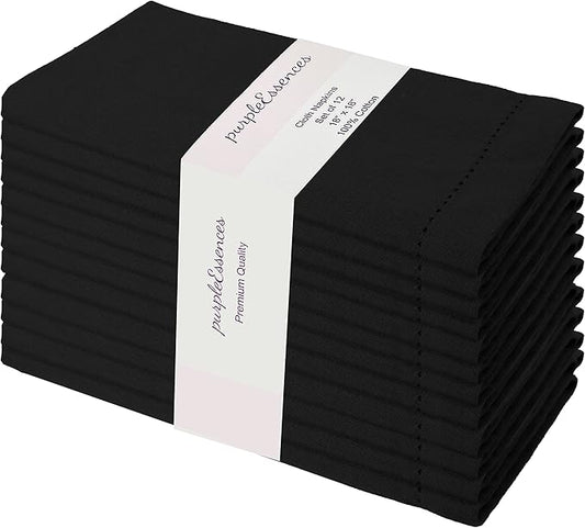 PurpleEssences Set of 12 Hemstitch Cloth Dinner Napkins 100% Cotton - Soft Durable Washable - Ideal for Wedding Christmas Holiday Winter - Perfect Everyday Use Table Linen 18x18 - Black