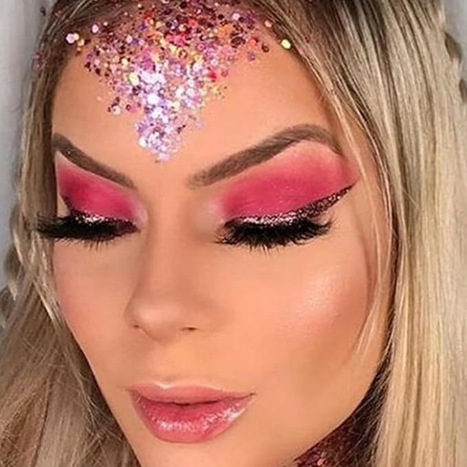 MEICOLY Pink Face Body Glitter,Sparkly Hair Glitter,Pink Accessories for Spirit Week,Singer Concerts Lover Heart Chunky Glitter Makeup,Mermaid Glitter Face Paint