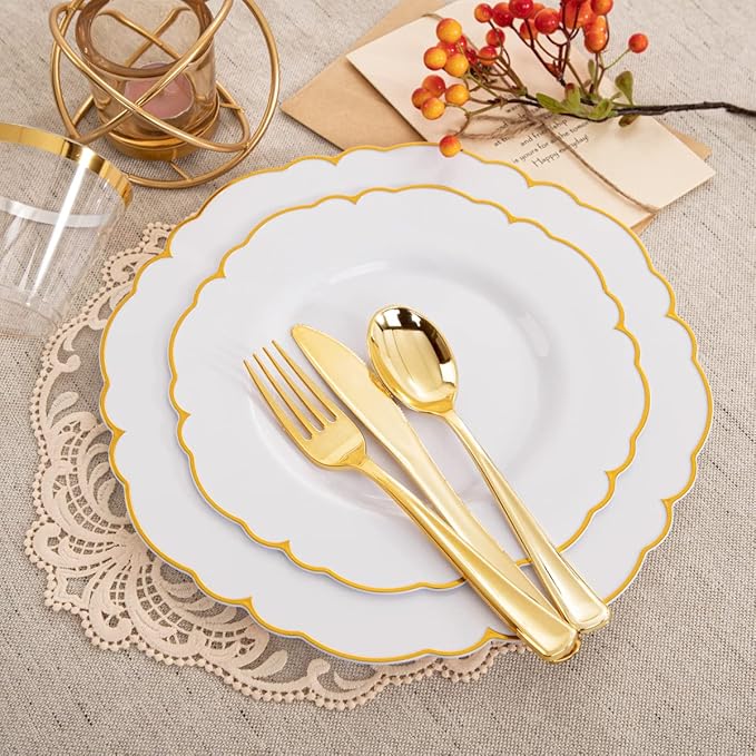 Morejoy 175PCS Gold Plastic Plates，White Gold Disposable Plates with Pre Rolled Napkins:25 Dinner Plates,25 Dessert Plates,25 Spoons,25 Forks,25Knives,25Cups,25Napkins for Party & Father's Day