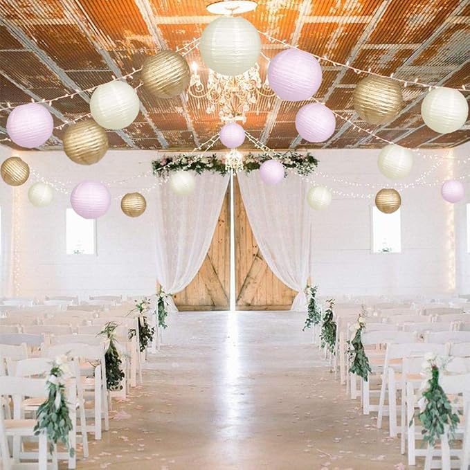 Paper Lanterns Decorative, Round Hanging Paper Lanterns Decorations for Wedding Engagement Baby Showers Birthday Party Supplies Pink/Gold/Ivory 15pcs