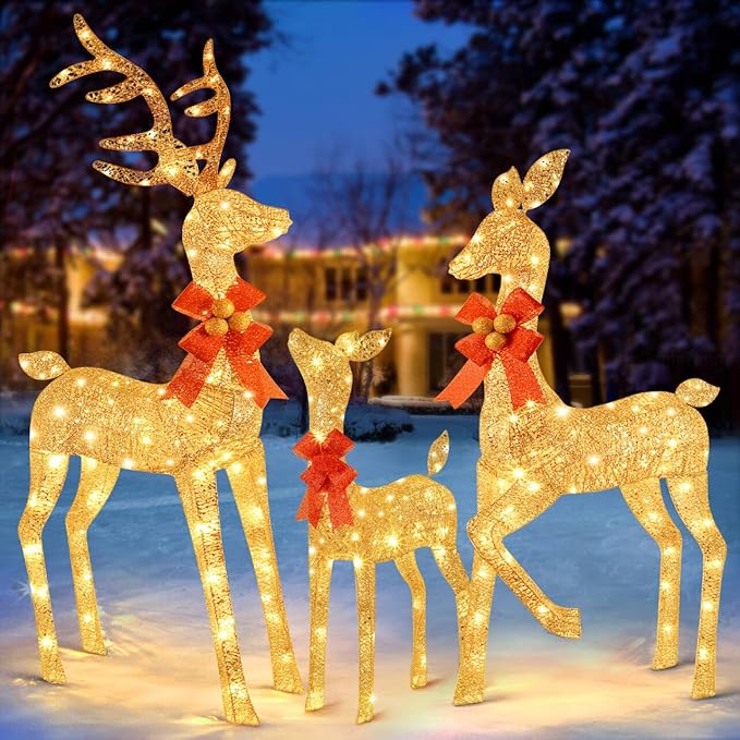 3-Piece Reindeer Outdoor Christmas Decoration, 5FT Large Lighted Christmas Deer Family Set, Outside Xmas Yard Lawn Decorations with 260 Bright LED Lights, Stakes, Zip Ties - Gold