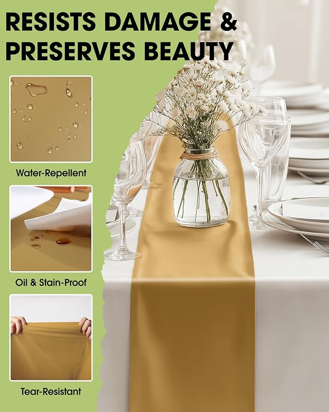 Pureegg Gold Plastic Table Runners - 30 Pack, 14'' x 108'', Water Resistant & Disposable Centerpiece Decorations for Table Cloth, Wedding, Birthday, Holiday, Baby Shower, Party, Home Decor