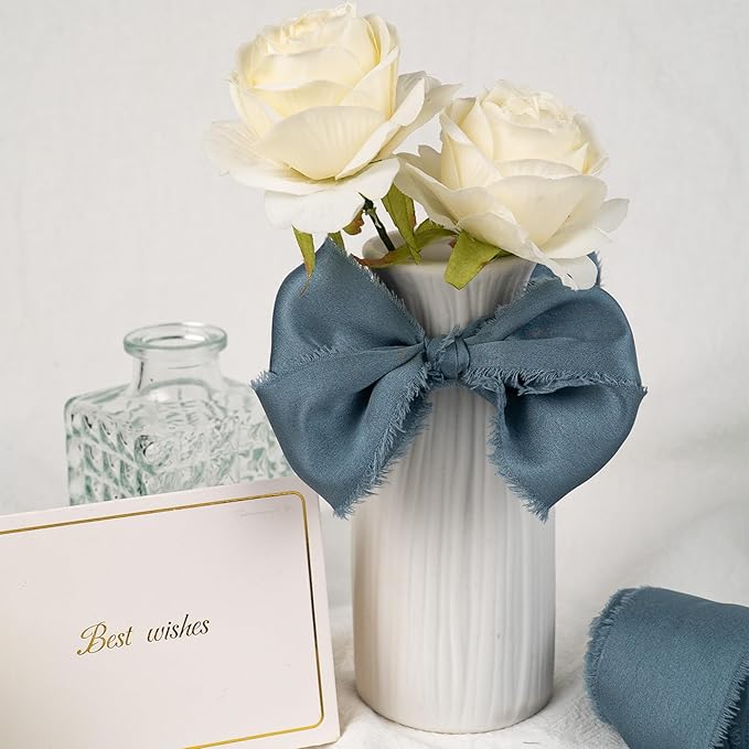 Satin Silk Ribbon, Dusty Blue Ribbon for Wrapping, 1-1/2 inch x 15 Yd Handmade Frayed Fringe Ribbon, for Wedding Engagement Birthday Showers Crafts Flower Bouquet Invitation Decor, 3 Rolls