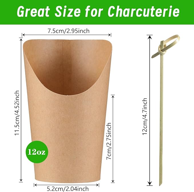12Oz Charcuterie Cup Set, 24 Pcs Cups with 100 Pcs Coctail Picks, French Fry Holder and Bamboo Knot Skewers, Handheld Party Appetizer Kit, Disposable Kraft Paper Snack Box Container, Take Out Cones