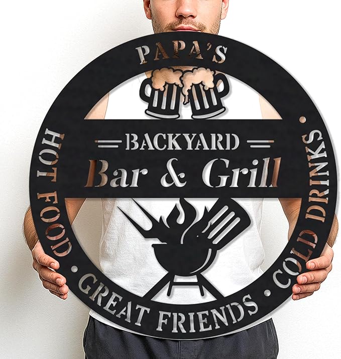 Personalized BBQ Grill Metal Sign - Custom Backyard Bar Decor - Outdoor Kitchen Hanging Accessories - Unique Gift for Dad, Husband, Grandpa, Pop