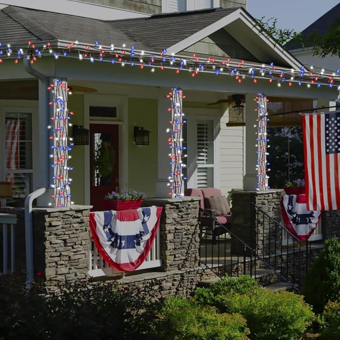 Red White and Blue String Lights, 4th of July Independence Day Lights Decoration, 300 LED 98ft, Waterproof with 8 Modes Plug in, Timer, Expandable, Memorial Day Patriotic Party Decor, Outdoor, Indoor