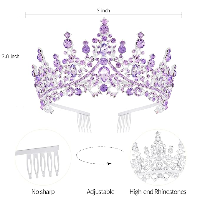 Velscrun Purple Crystal Birthday Queen Tiara Crown for Women Girls Birthday Queen Headband Sash Elegant Princess Crown with Combs Hair Accessories Happy Birth Party Decorations Mom Birth Gift