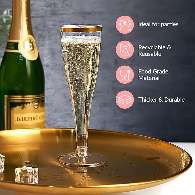 Prestee 48 Disposable Plastic Champagne Flutes with Gold Rim Glitter - Clear Toasting Glasses for Mimosa, New Year’s Eve Party, and Elegant Celebrations - Premium Quality Disposable Stemware