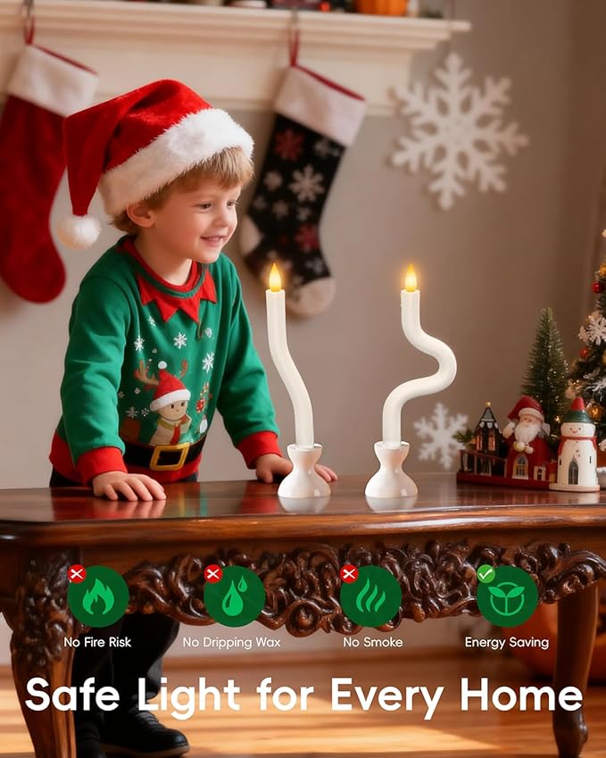 COOLWUFAN Window Candles with Remote Timer, 3 Pcs Flameless Taper Candles Battery Operated with White Holder, Realistic LED Flickering Flame Dripless, Christmas Decorations Indoor for Home Party Fall