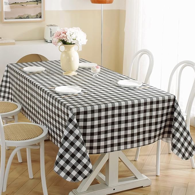 Buffalo Plaid Vinyl Tablecloth with Flannel Backing Rectangle 60 x 102 Inch, Dust & Stain Resistant Checkered Table Cloth, Heavy Table Cover for Dining, Party, Indoor, Outdoor, Black and White
