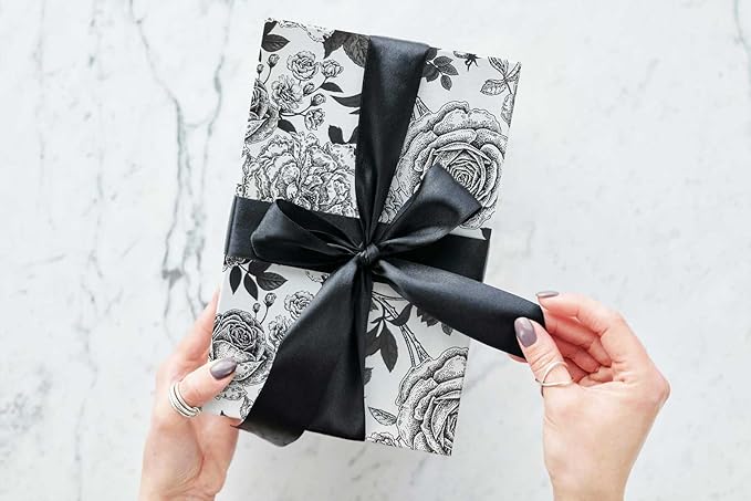 YXTII Floral Wrapping Paper, Black Flower Wrapping Paper with Cut Lines for Birthday, Wedding, Valentines, Christmas, Bridal Shower, Baby Shower, 17 Inches x 33 Feet