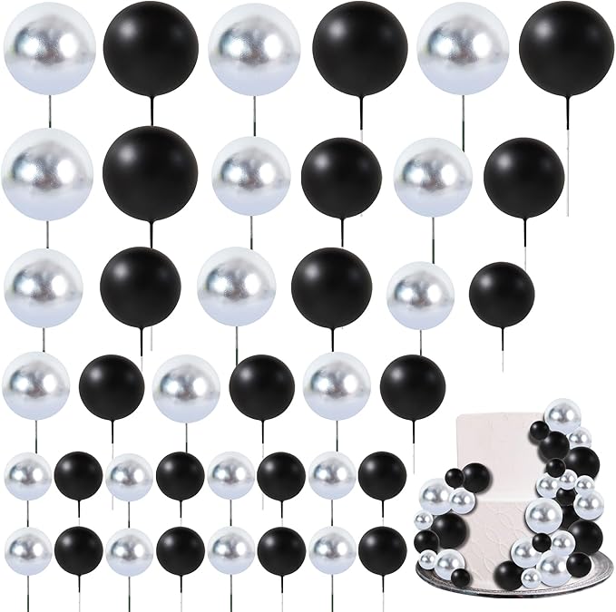 BEISHIDA 40 Pcs Ball Cake Toppers Mini Balls Cake Decorations Black Silver Foam Balls Sticks DIY Cake Topper for Baking Congrats Grade 2025 Graduation Birthday Retirement(Black Silver)