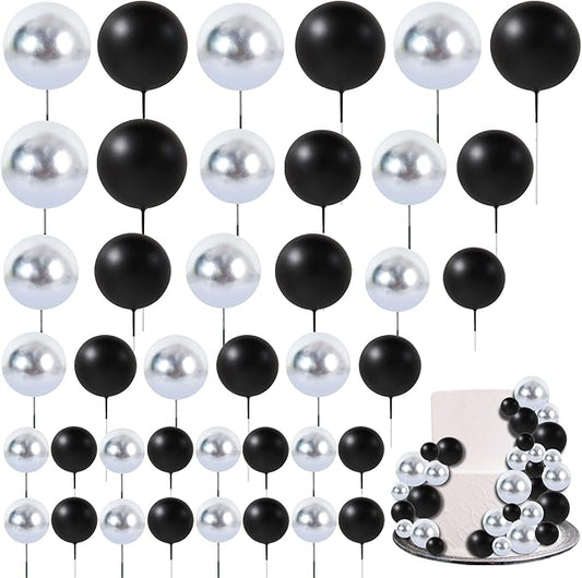 BEISHIDA 40 Pcs Ball Cake Toppers Mini Balls Cake Decorations Black Silver Foam Balls Sticks DIY Cake Topper for Baking Congrats Grade 2025 Graduation Birthday Retirement(Black Silver)
